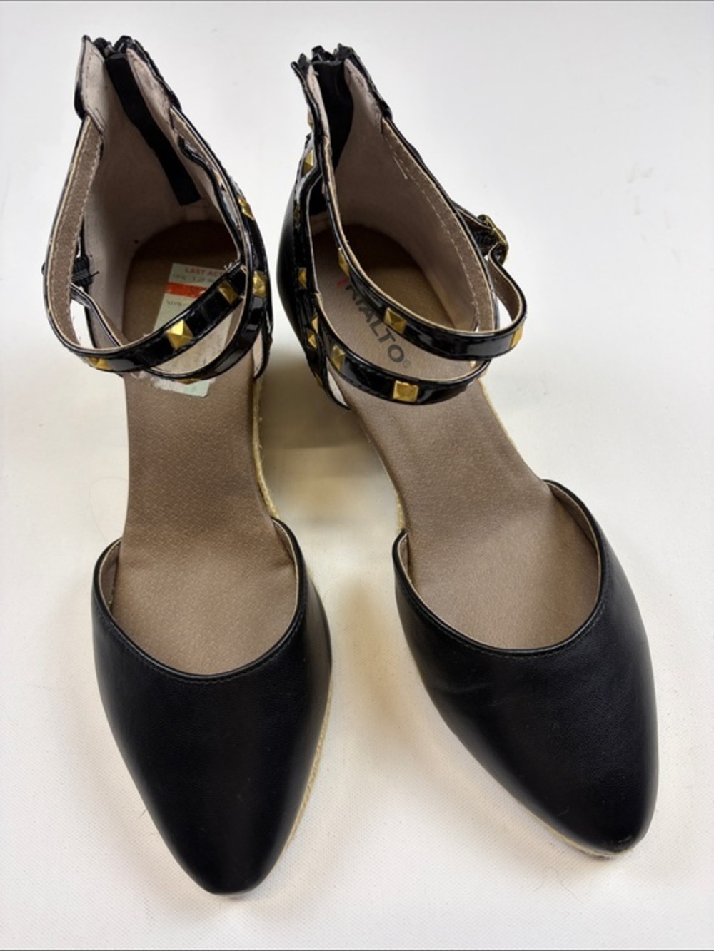 RIALTO BLACK STUDDED ESPADRILLE WEDGE PUMPS POINTED TOE ANKLW STRAP SIZE 9.5